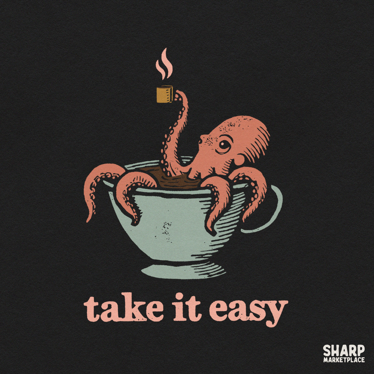 Funny retro octopus in a teacup PNG design with Take It Easy text for summer t-shirts and coffee lovers