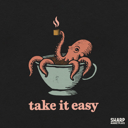 Funny retro octopus in a teacup PNG design with Take It Easy text for summer t-shirts and coffee lovers