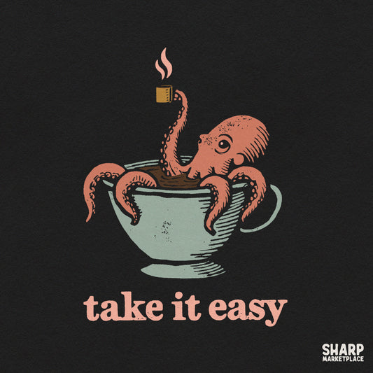 Funny retro octopus in a teacup PNG design with Take It Easy text for summer t-shirts and coffee lovers
