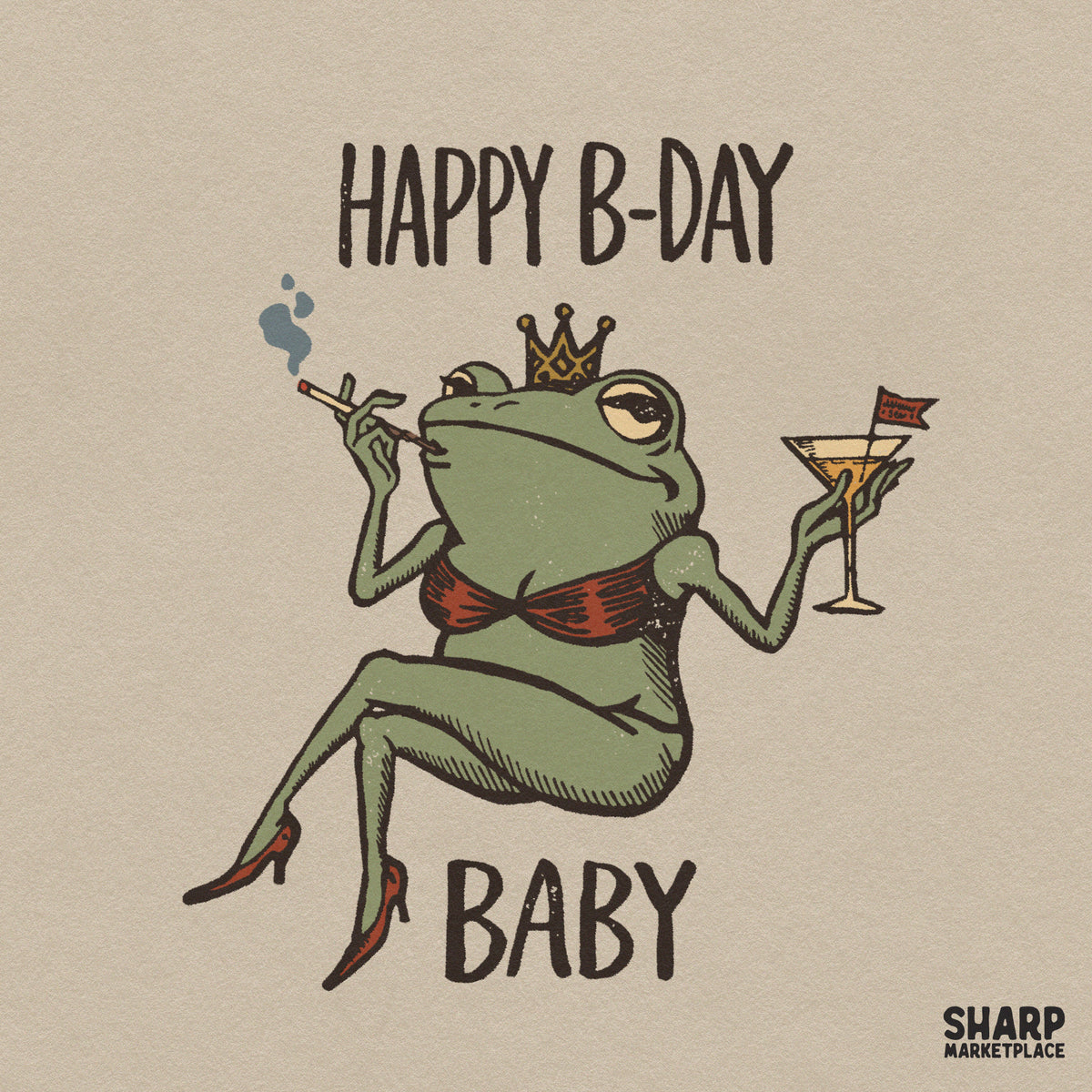 Funny retro bikini frog birthday PNG graphic for sarcastic t-shirts and print-on-demand gifts