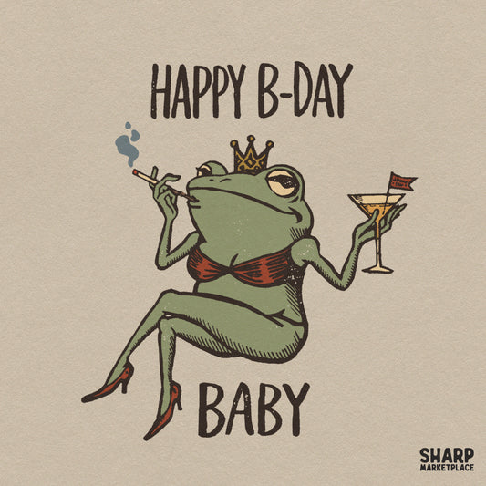 Funny retro bikini frog birthday PNG graphic for sarcastic t-shirts and print-on-demand gifts