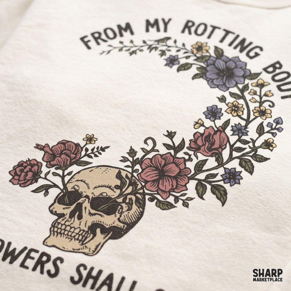 Retro skull with flowers and life and death quote illustration for Halloween print on demand t-shirts