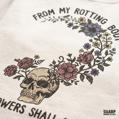 Retro skull with flowers and life and death quote illustration for Halloween print on demand t-shirts