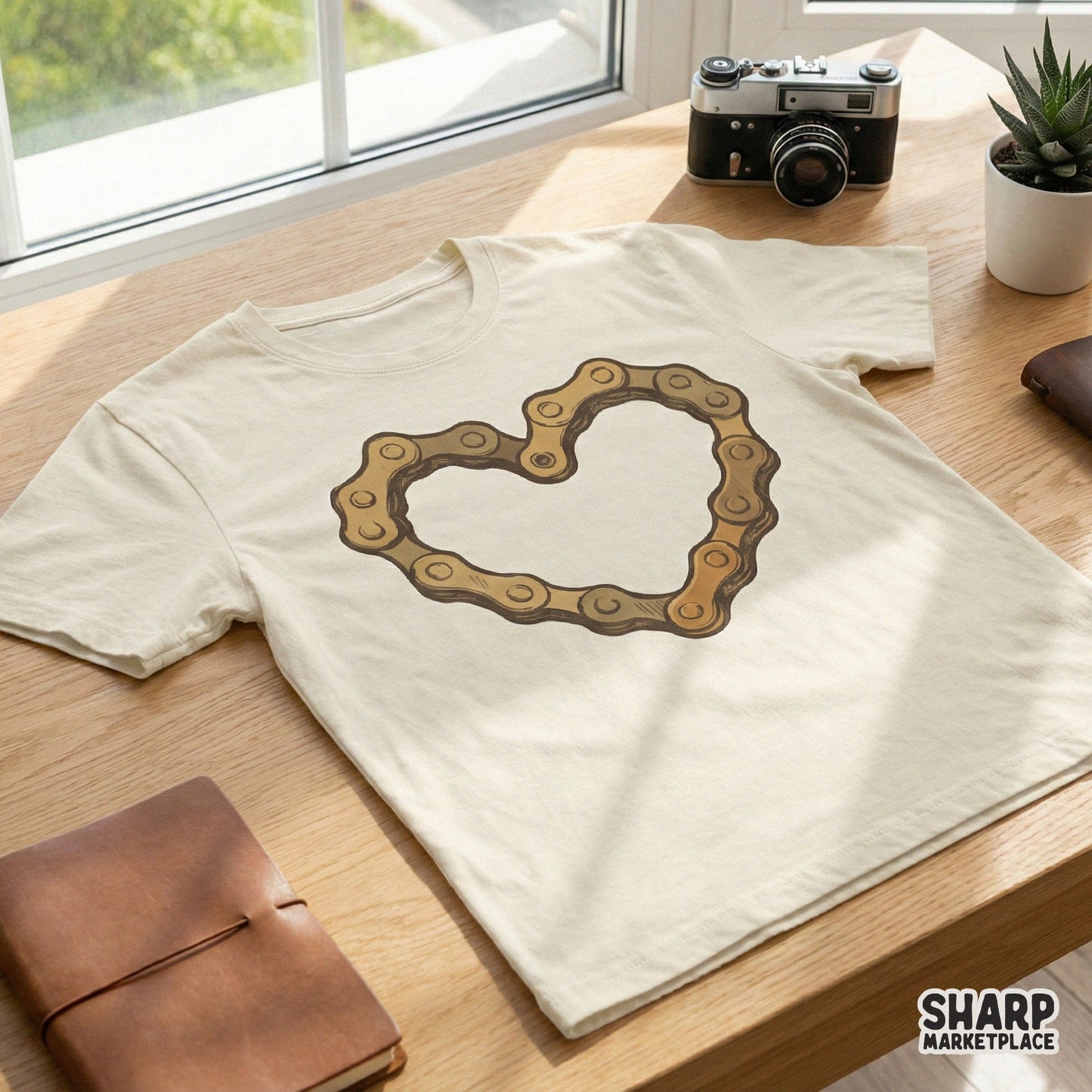 A vintage-inspired golden bike chain heart illustration printed on a cream-colored t-shirt, perfect for cycling apparel designs.