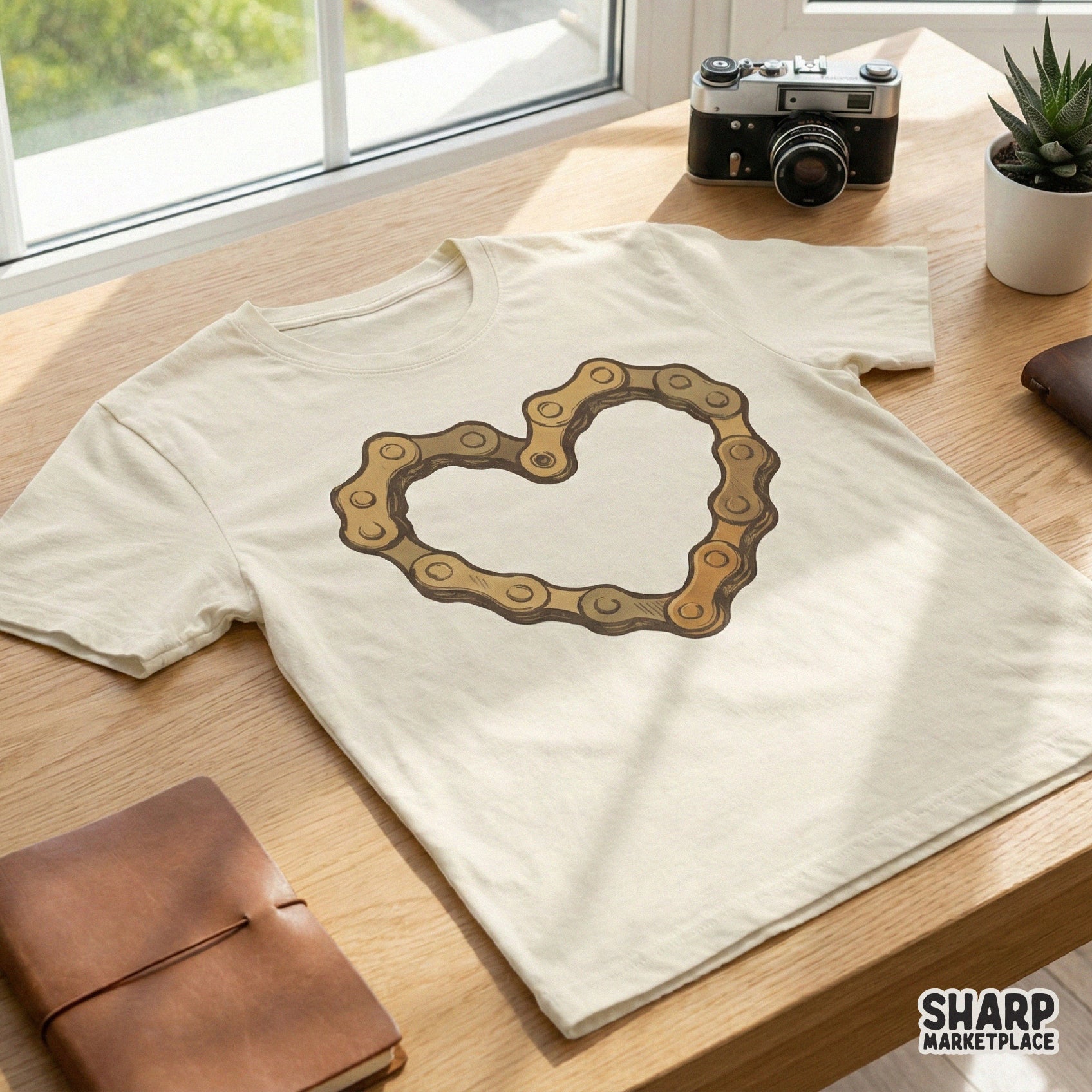 A vintage-inspired golden bike chain heart illustration printed on a cream-colored t-shirt, perfect for cycling apparel designs.