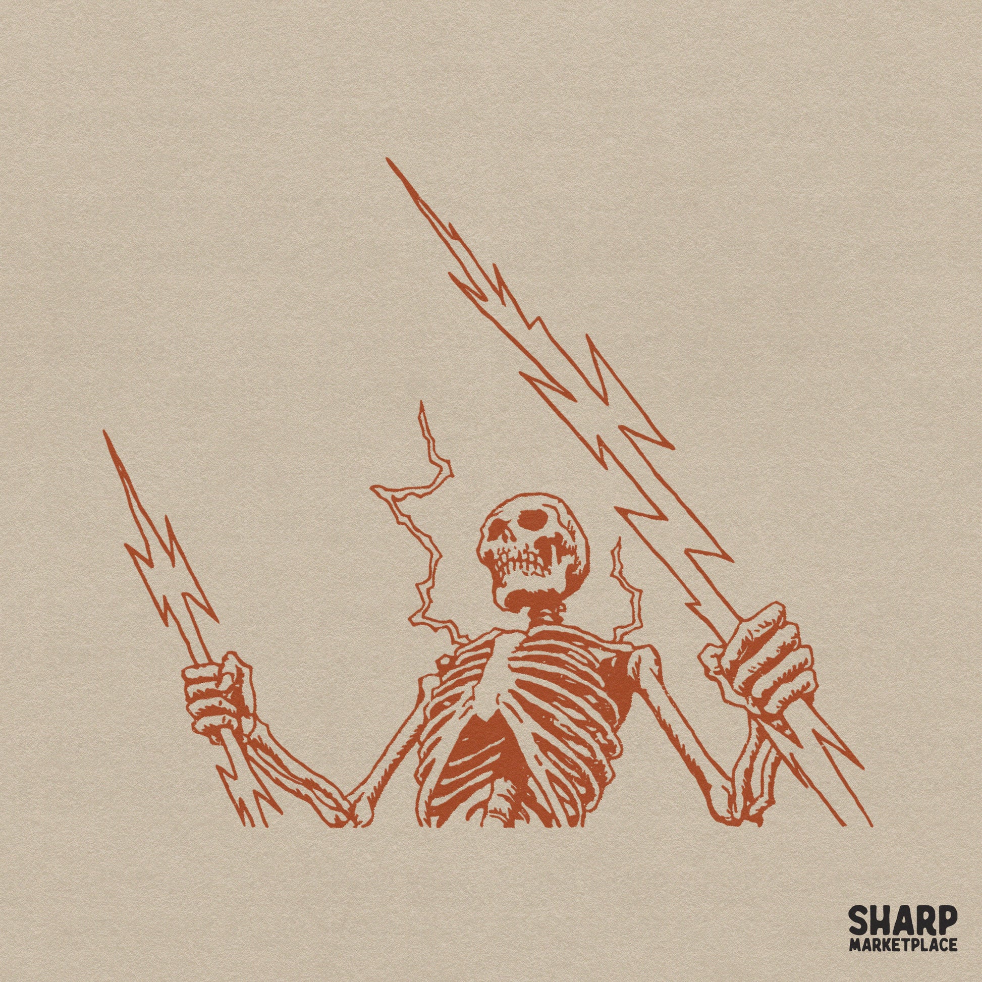 Electric skeleton holding lightning bolts in an edgy goth style for retro Halloween shirt designs and spooky season crafts