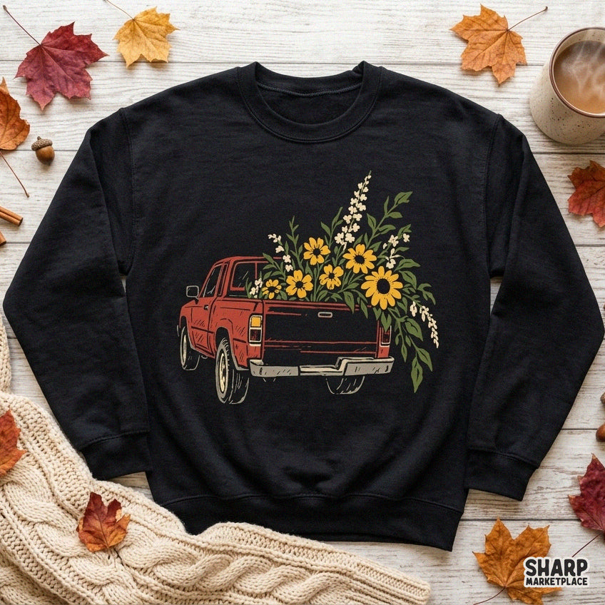 Vintage red pickup truck filled with yellow sunflowers for fall retro shirt sublimation designs