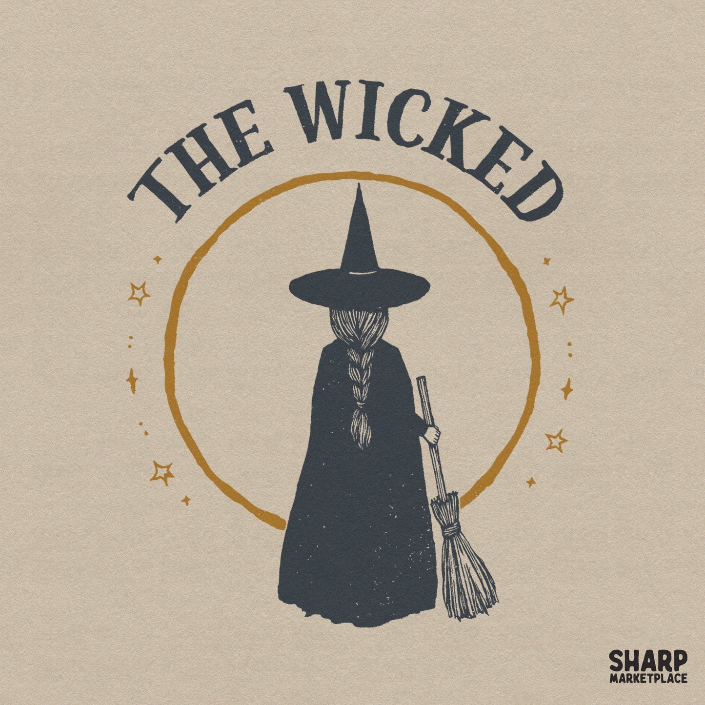 Retro spooky season PNG with a wicked witch broomstick rider and stars for dark aesthetic Halloween sublimation designs
