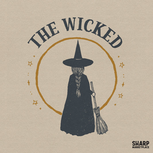 Retro spooky season PNG with a wicked witch broomstick rider and stars for dark aesthetic Halloween sublimation designs