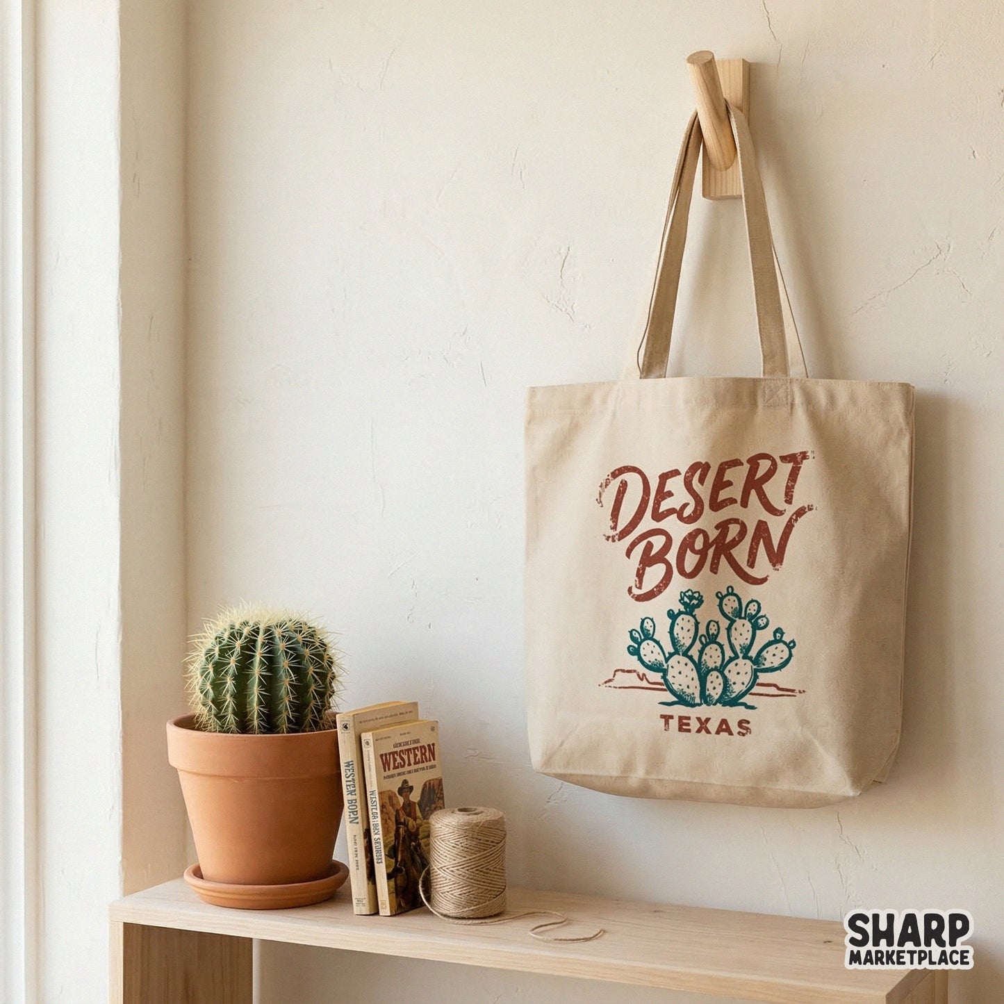 Rustic Western Desert Born Texas digital art with distressed text and cactus illustration perfect for DIY stickers and apparel printing.