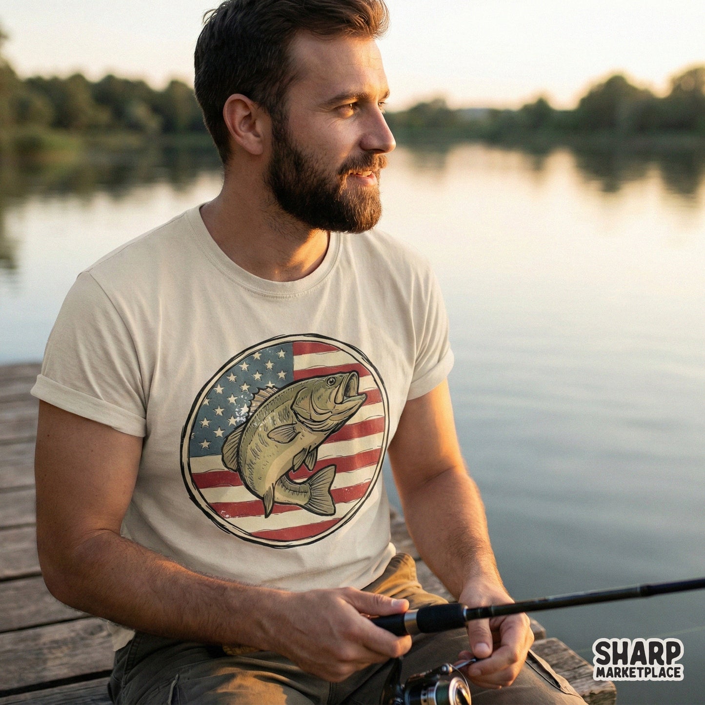 Rustic Americana fishing graphic featuring a jumping bass fish inside a circular flag emblem, suitable for custom tumblers, stickers, and DIY projects.