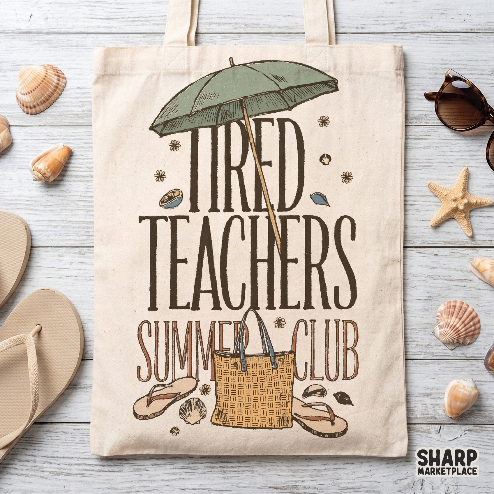 Retro Tired Teachers Summer Club beach umbrella design for sublimation vacation t-shirts and tote bags