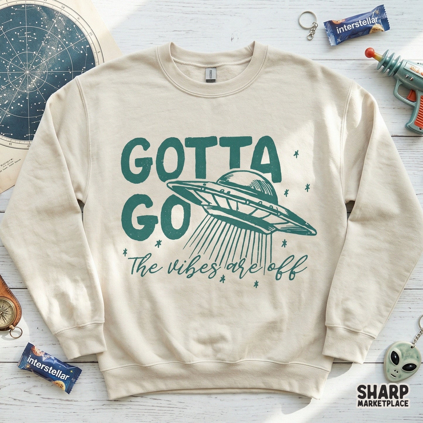 Sarcastic alien humor ufo saucer retro shirt sublimation graphic design with gotta go the vibes are off funny png text