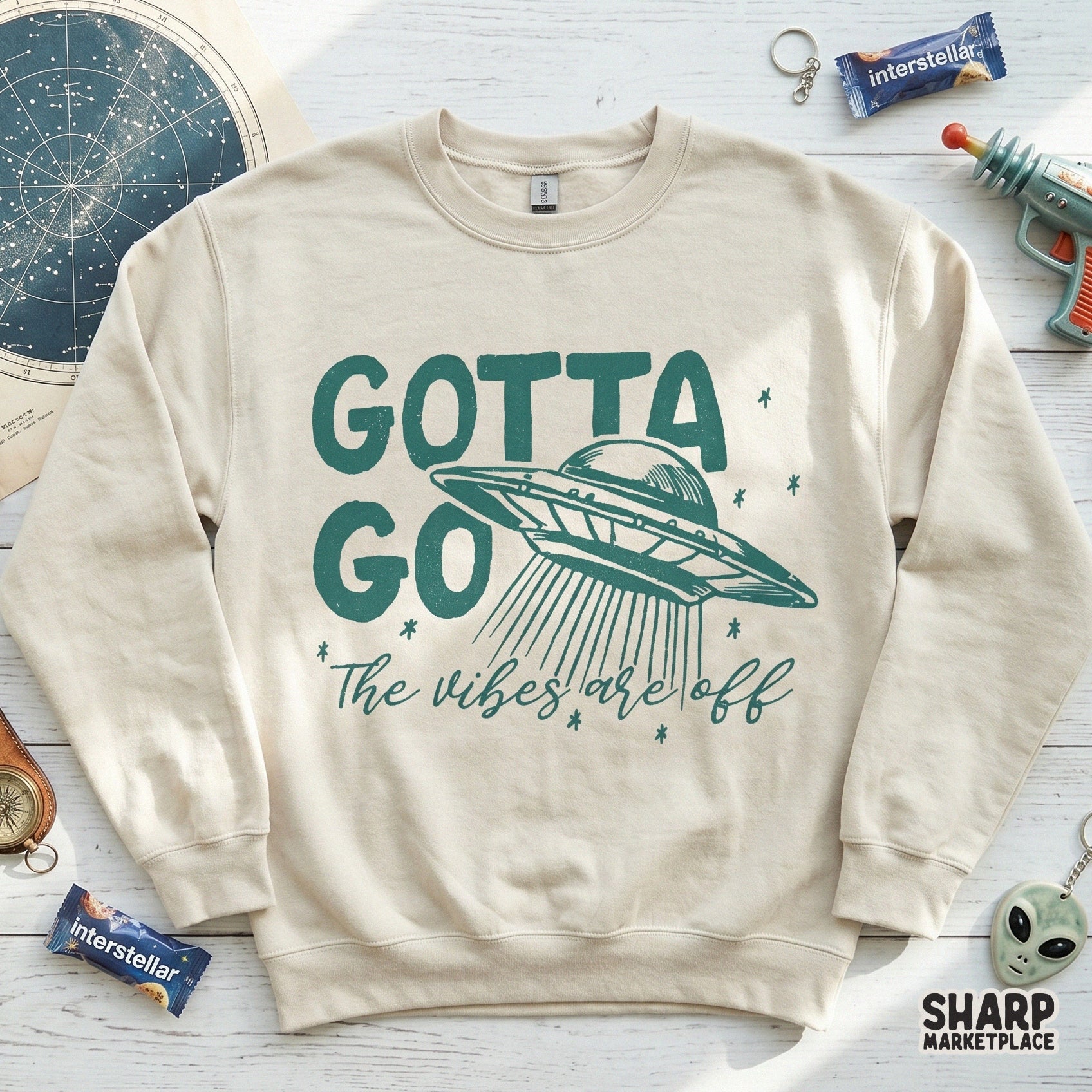 Sarcastic alien humor ufo saucer retro shirt sublimation graphic design with gotta go the vibes are off funny png text