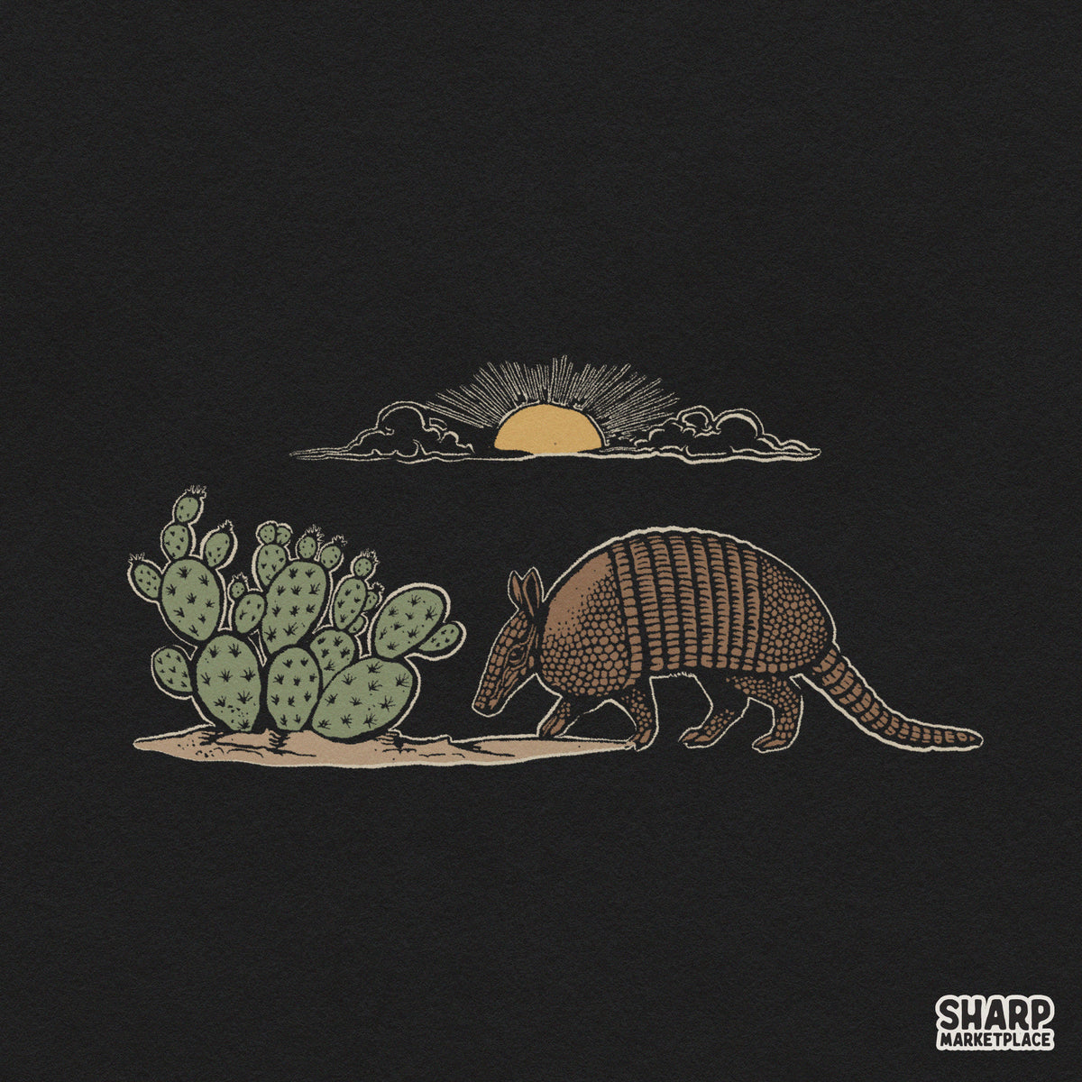 Vintage armadillo walking by a prickly pear cactus desert scene western PNG graphic for shirt sublimation