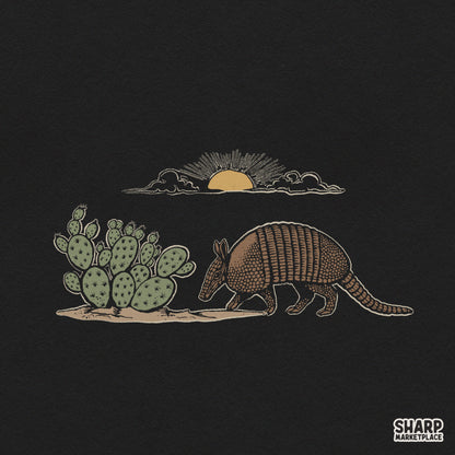 Vintage armadillo walking by a prickly pear cactus desert scene western PNG graphic for shirt sublimation