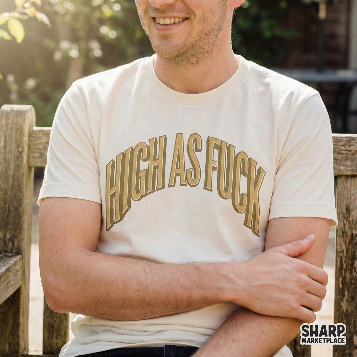 Retro stoner humor graphic featuring bold arched text in mustard gold with a 3D effect, displayed on a light colored t-shirt for apparel projects.