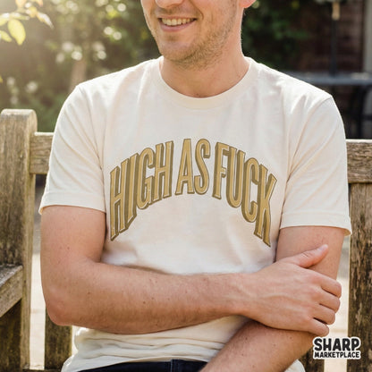 Retro stoner humor graphic featuring bold arched text in mustard gold with a 3D effect, displayed on a light colored t-shirt for apparel projects.