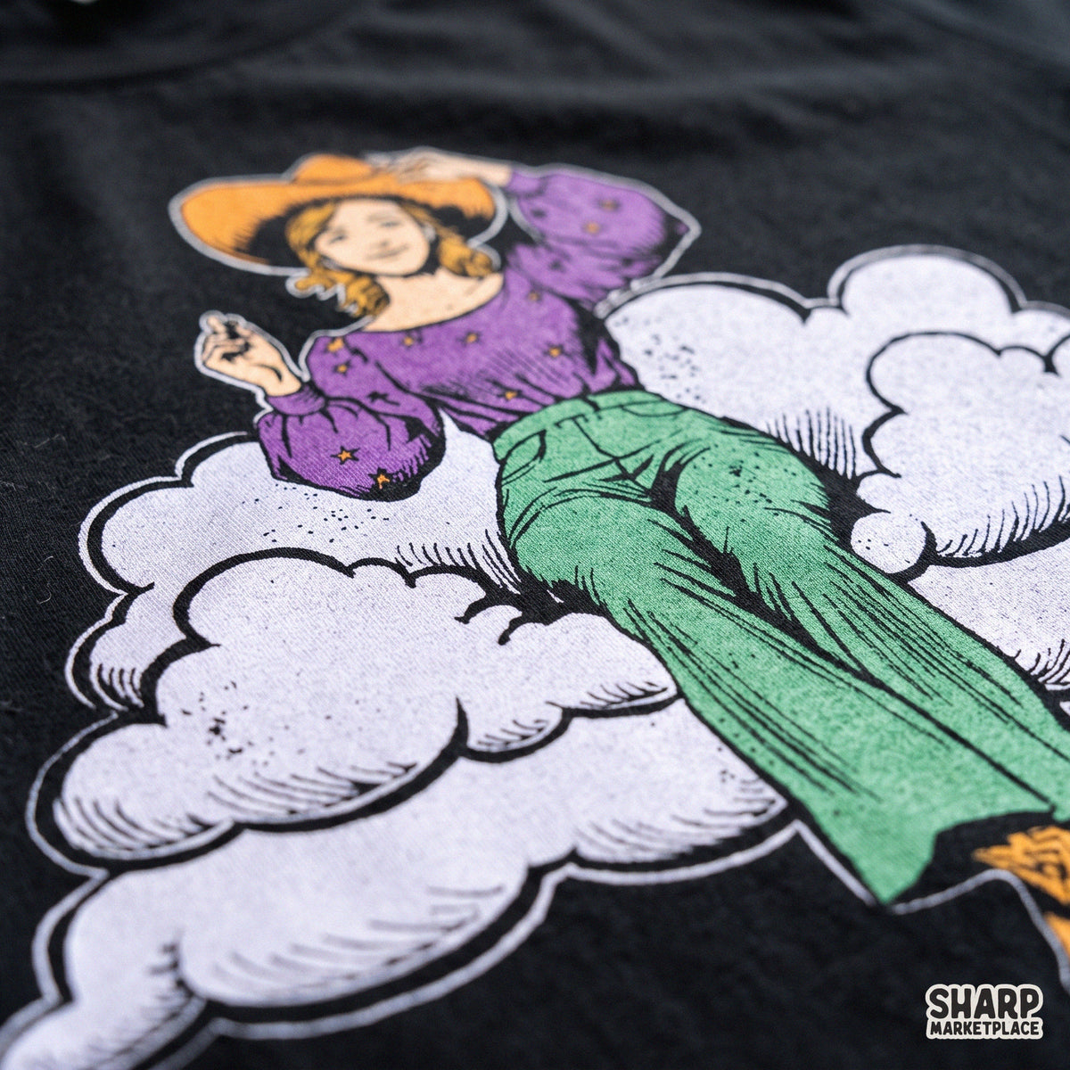 Whimsical Cowgirl Sitting On Fluffy Cloud, Trendy Retro