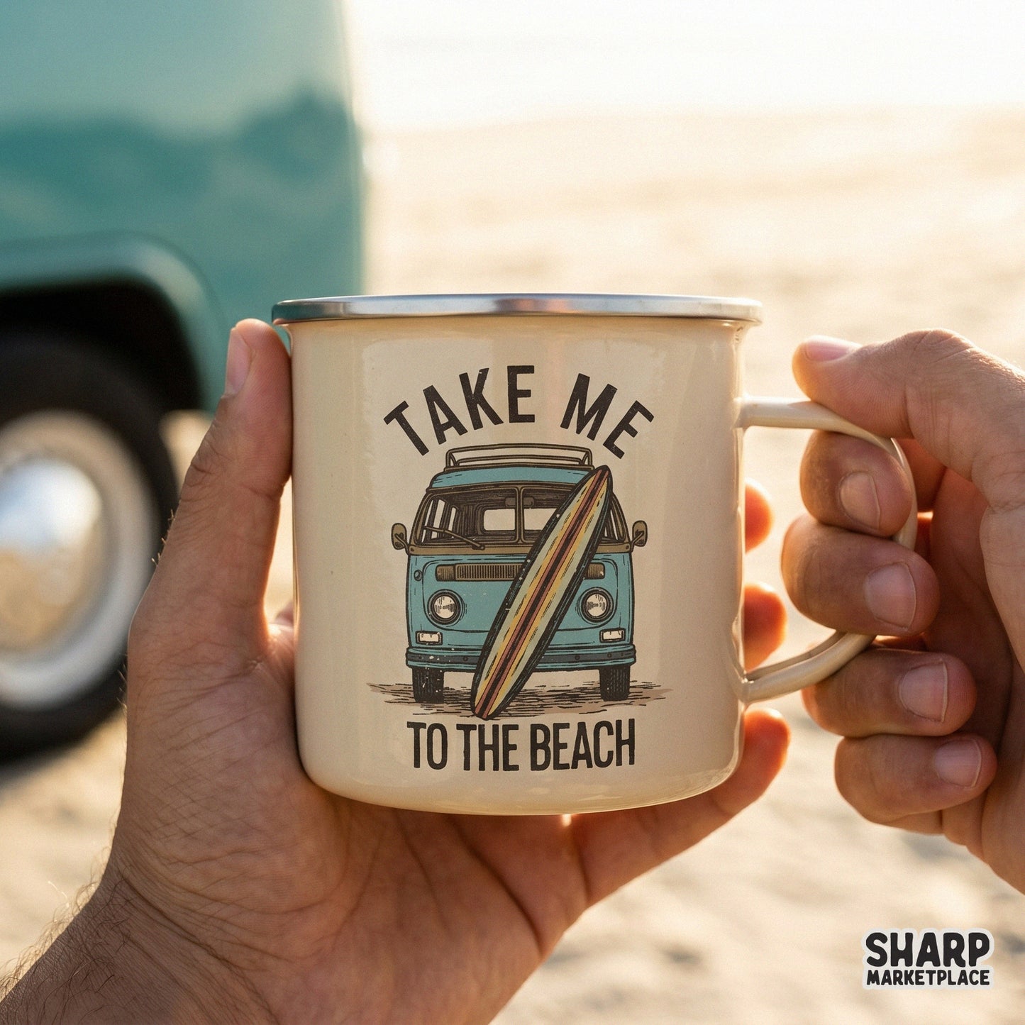 Retro surf van with surfboard sublimation design for summer beach shirts and tumbler png templates