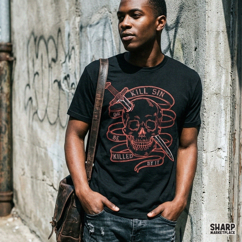 Gothic sword and skull design with Kill Sin quote for Christian t-shirt and apparel sublimation PNG