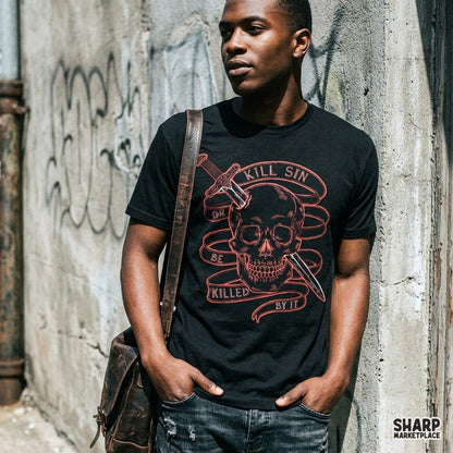 Gothic sword and skull design with Kill Sin quote for Christian t-shirt and apparel sublimation PNG