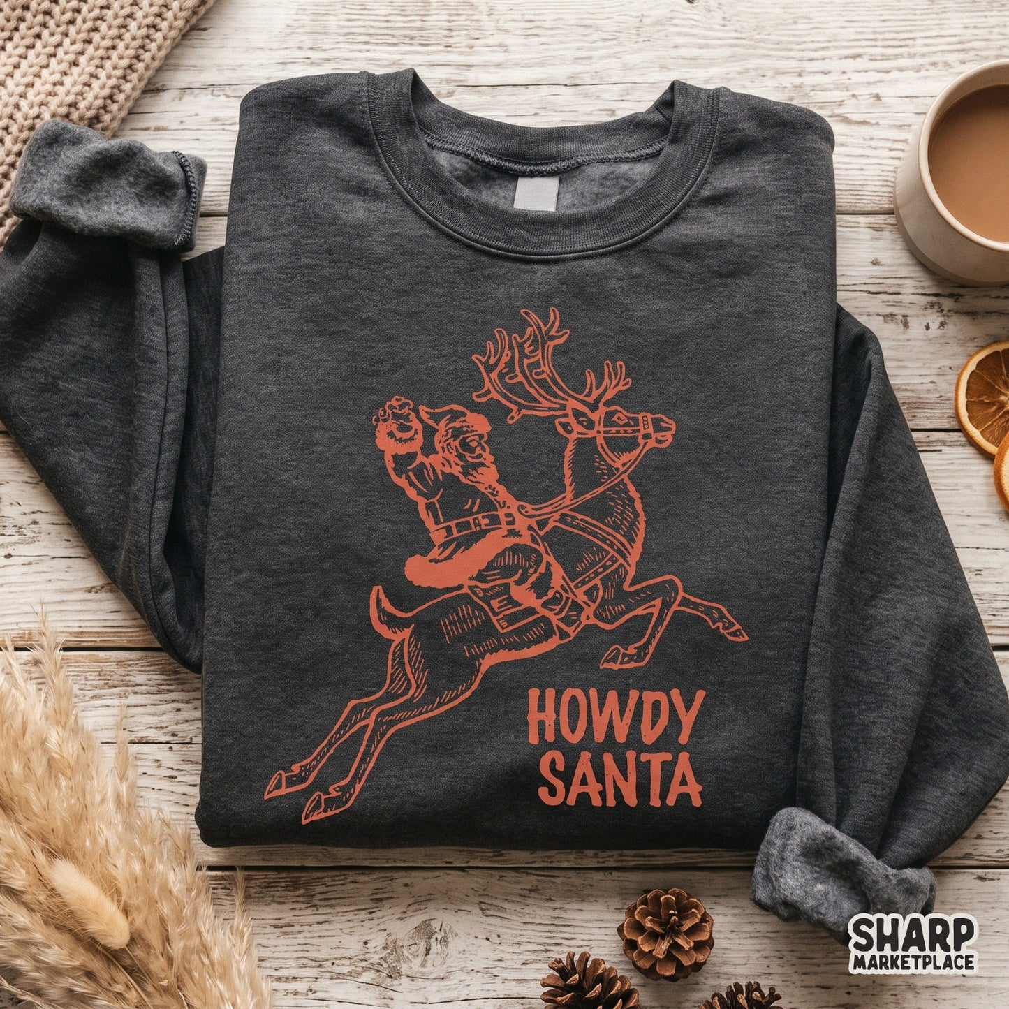 Howdy Santa cowboy graphic with a retro holiday reindeer design for western Christmas sublimation apparel designs