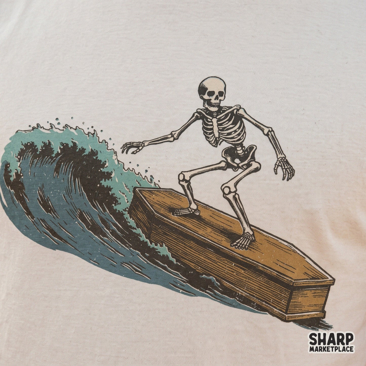 Vintage skeleton surfing coffin art graphic for beach tee outfits and summer apparel sublimation prints