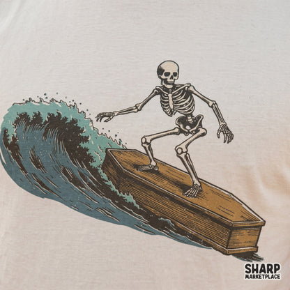Vintage skeleton surfing coffin art graphic for beach tee outfits and summer apparel sublimation prints