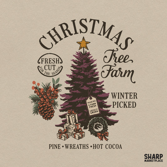 Retro fresh cut Christmas tree farm PNG sublimation design perfect for holiday t-shirts and winter decor