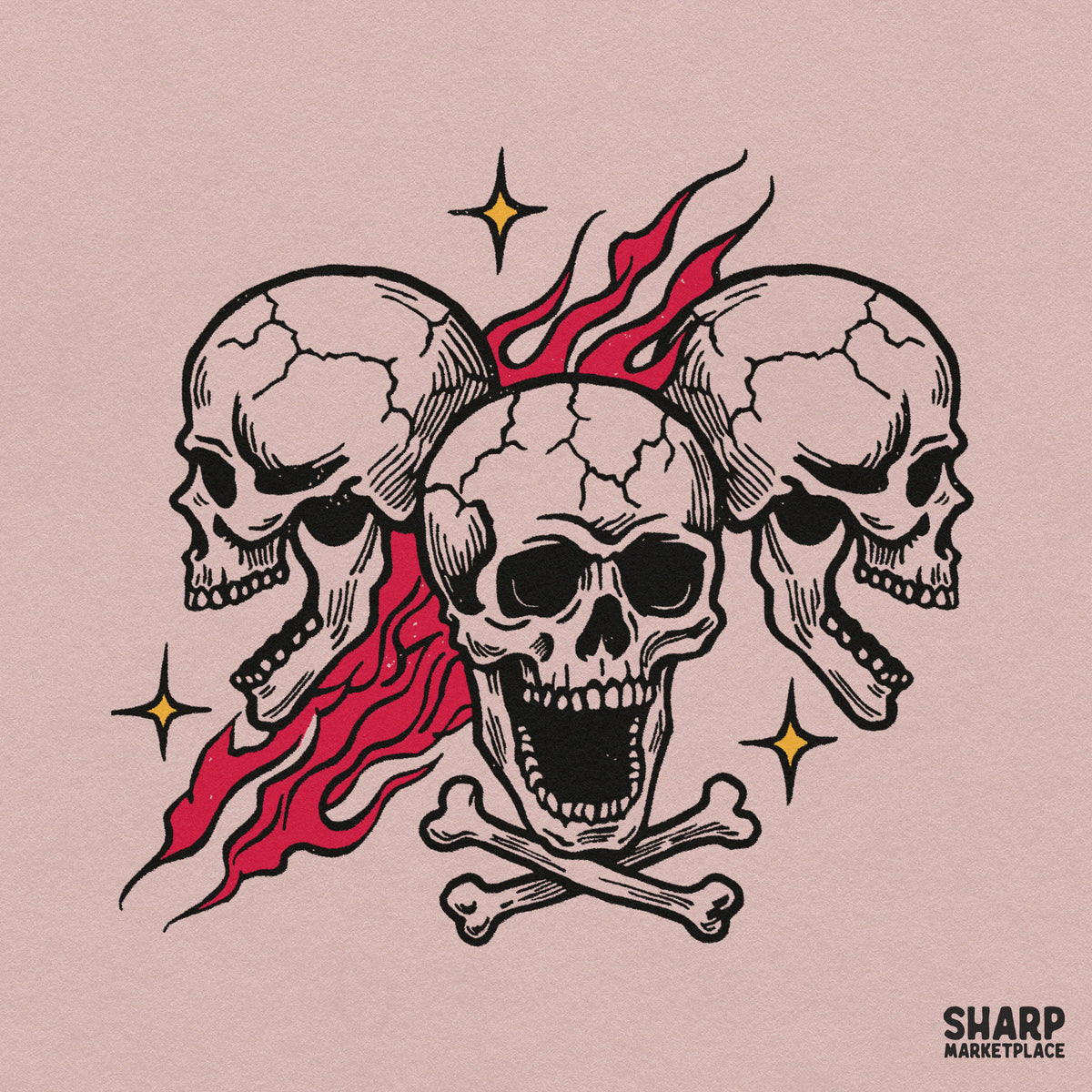 Three screaming skulls with burning red flames and crossbones for spooky Halloween t-shirt designs and biker clipart