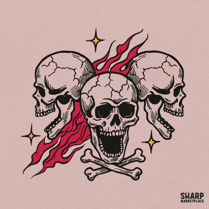 Three screaming skulls with burning red flames and crossbones for spooky Halloween t-shirt designs and biker clipart