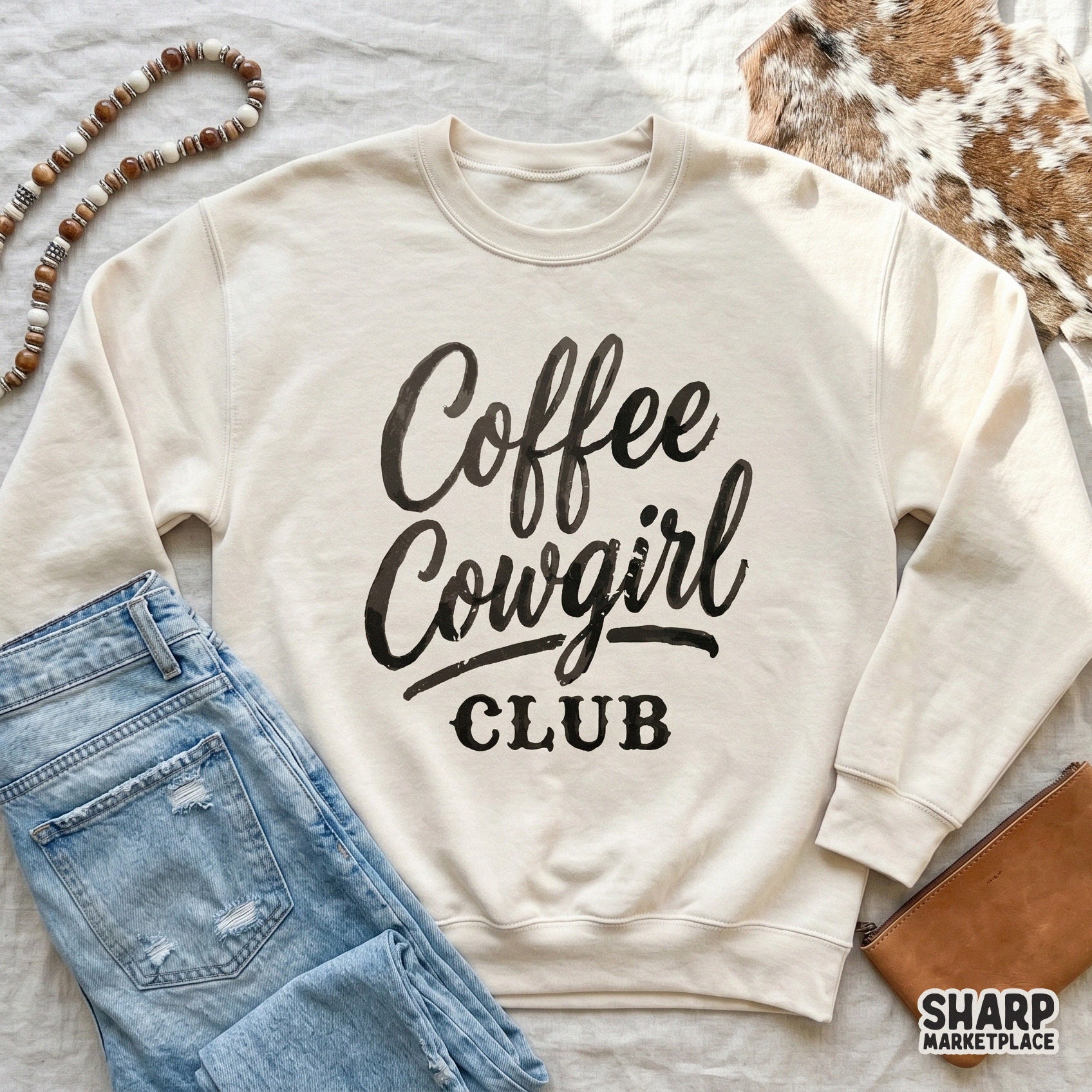 Stylish Coffee Cowgirl Club graphic with a distressed finish for creating trendy western coffee-themed shirts, stickers, and gifts.