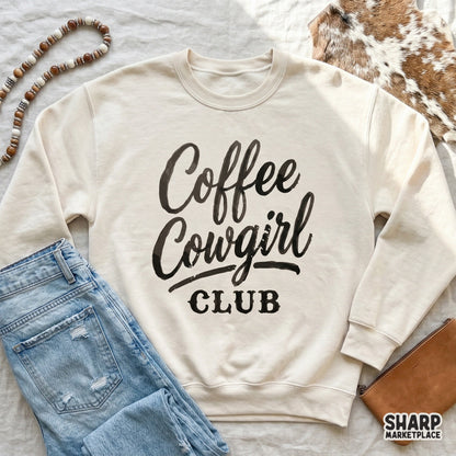 Stylish Coffee Cowgirl Club graphic with a distressed finish for creating trendy western coffee-themed shirts, stickers, and gifts.