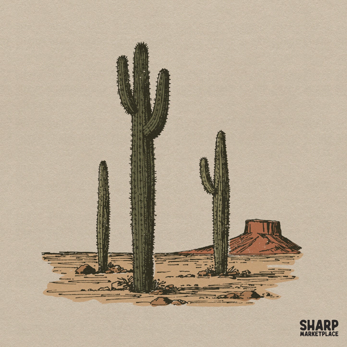Vintage retro western cowboy scene illustration with saguaro cacti for a country music festival shirt design