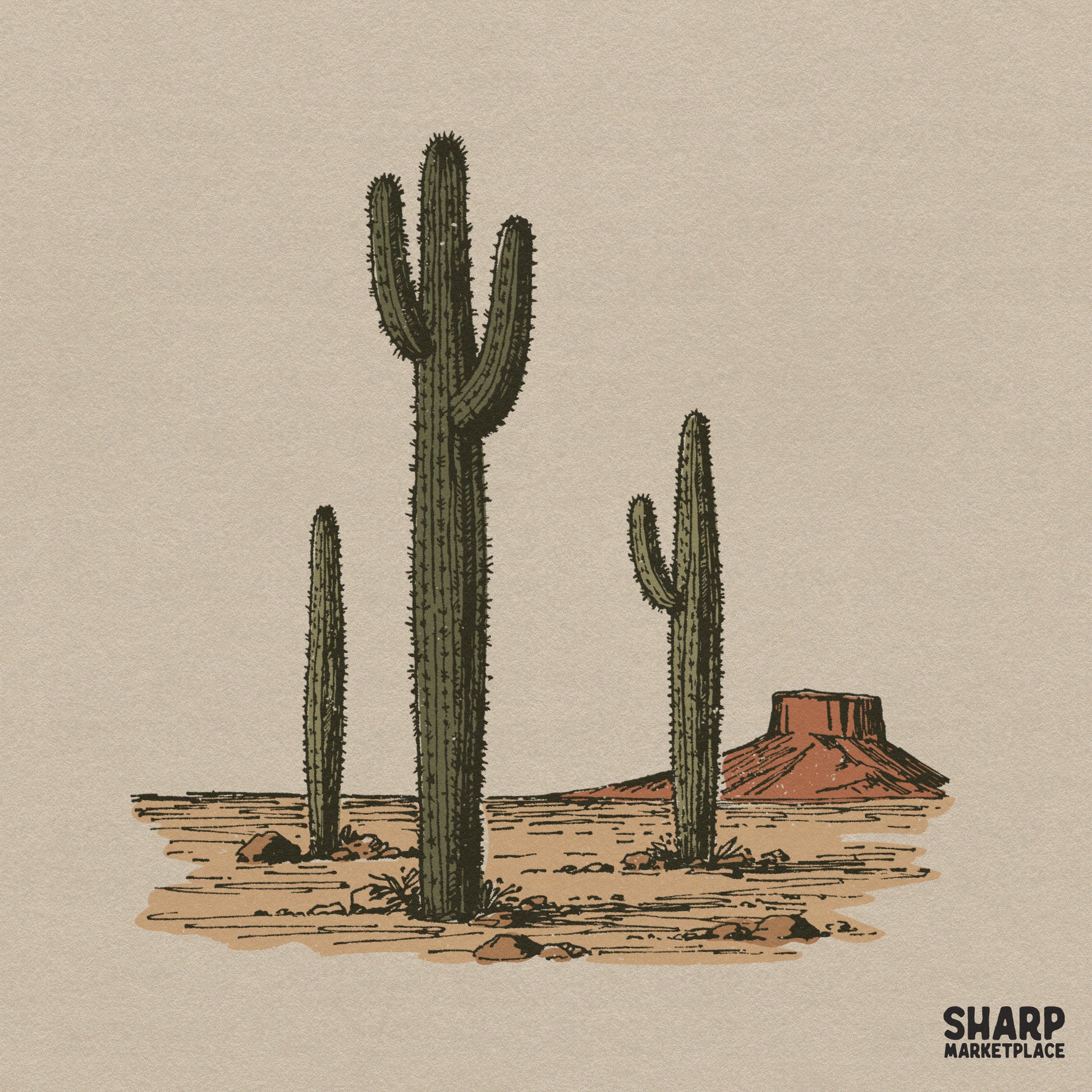 Vintage retro western cowboy scene illustration with saguaro cacti for a country music festival shirt design