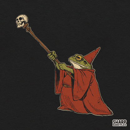 Frog wizard in a red robe holding a skull staff Halloween fantasy shirt PNG design for sublimation and t-shirts