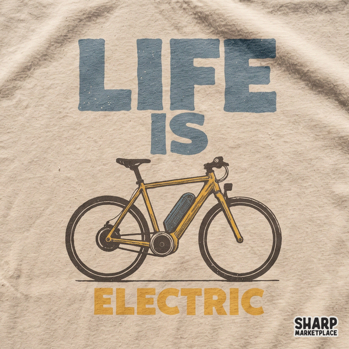 Retro yellow ebike design with Life Is Electric text for cycling lovers, perfect retro png for t-shirt prints