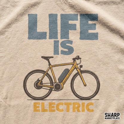 Retro yellow ebike design with Life Is Electric text for cycling lovers, perfect retro png for t-shirt prints
