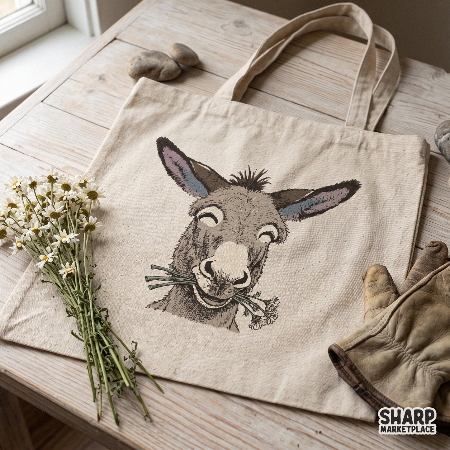 Funny smiling donkey face with daisy flowers in a retro spring sublimation design for animal lovers and custom shirts
