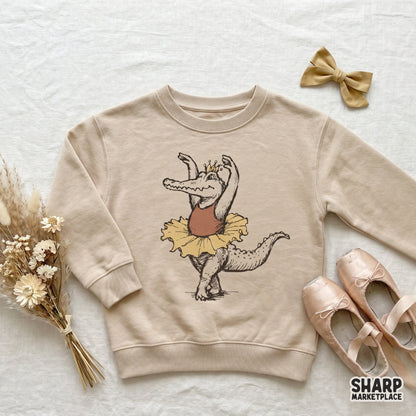Whimsical dancing alligator in a ballet tutu and crown, funny retro png design for custom shirts and stickers