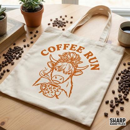 Coffee Run PNG, Funny Highland Cow Shirt Design - 300 DPI Design for