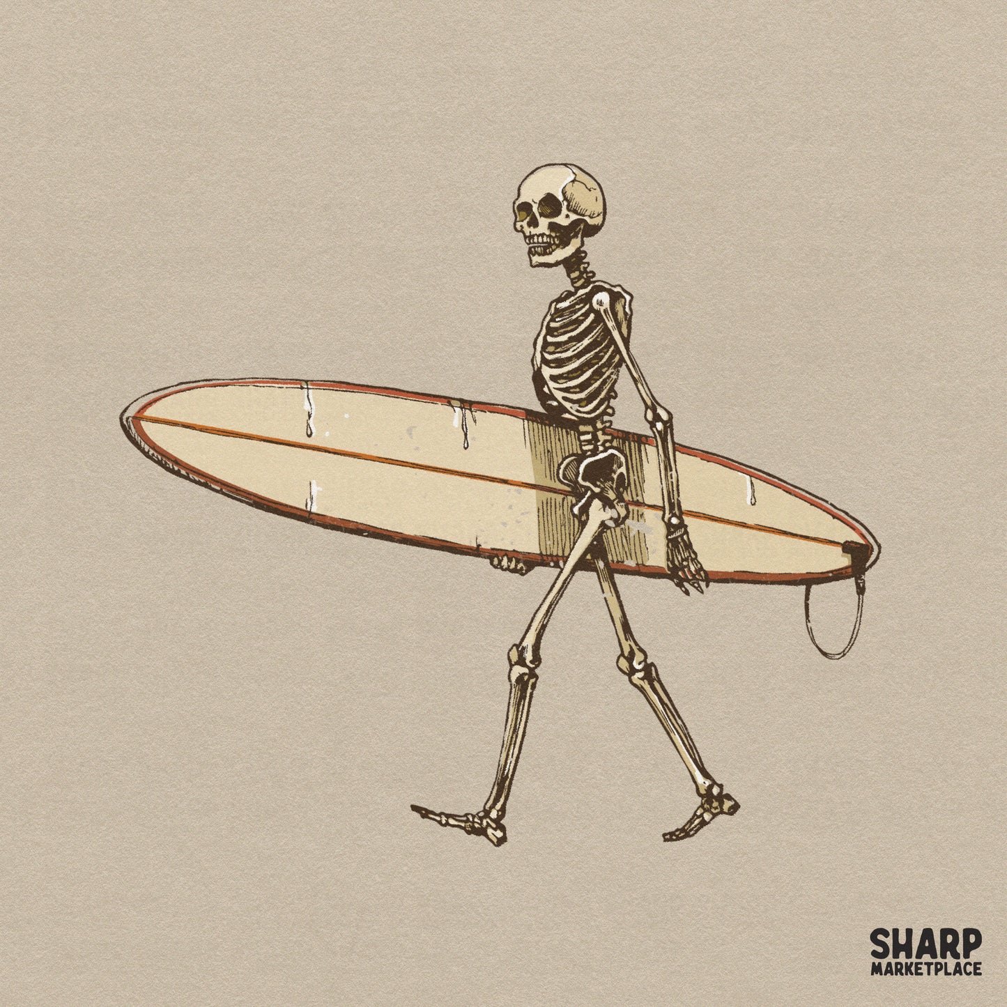 Detailed hand-drawn illustration of a skeleton walking while carrying a vintage longboard, featuring a retro coastal aesthetic for apparel.