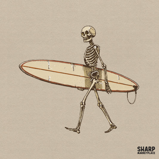 Detailed hand-drawn illustration of a skeleton walking while carrying a vintage longboard, featuring a retro coastal aesthetic for apparel.
