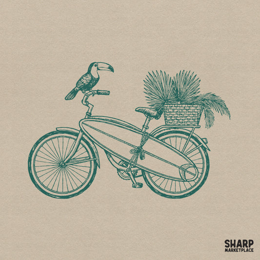 Teal sketch of a beach cruiser bicycle with a surfboard on the frame, a basket of palm fronds, and a toucan perched on the handlebars.