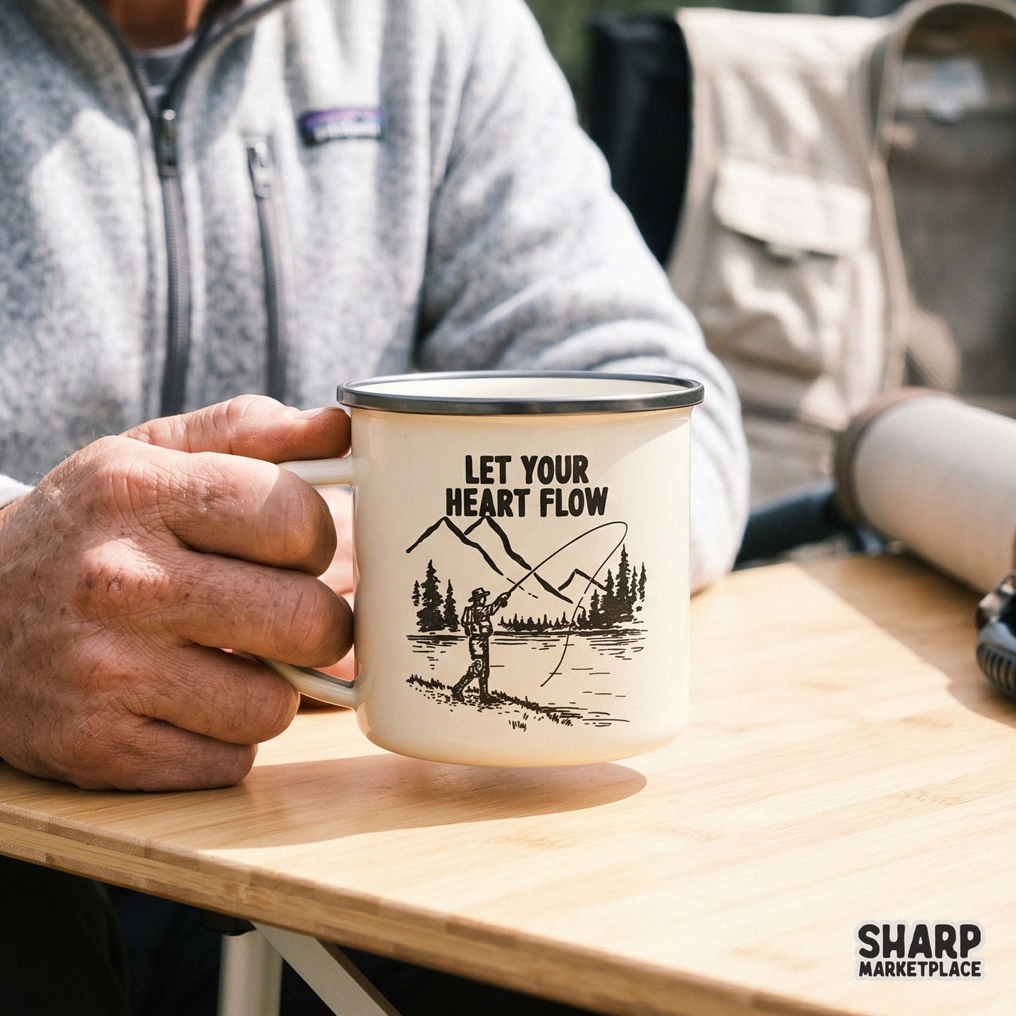A camping mug featuring a monochromatic fishing illustration with mountains, a forest, and the inspirational quote Let Your Heart Flow.