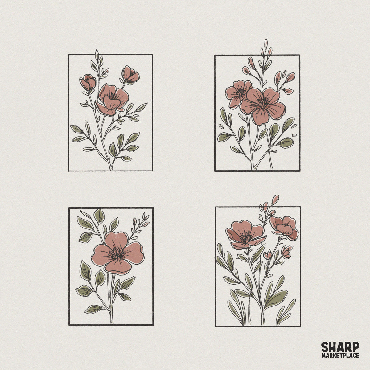 Set of four minimalist hand-drawn floral botanical designs in rectangular frames with muted pink and sage green tones for sublimation or apparel.