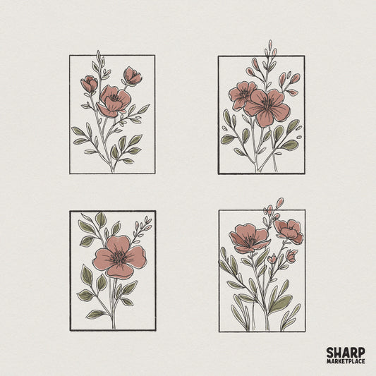 Set of four minimalist hand-drawn floral botanical designs in rectangular frames with muted pink and sage green tones for sublimation or apparel.