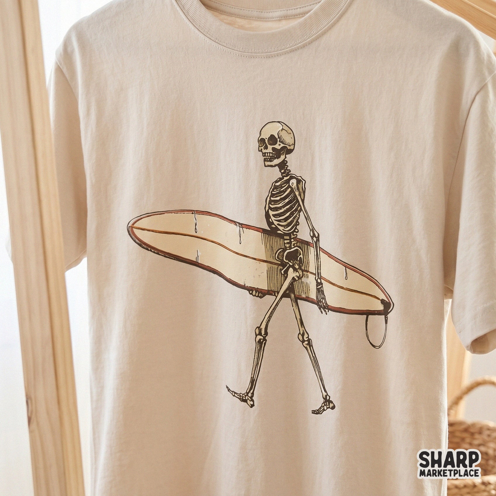 Vintage-style surfing skeleton graphic with a distressed texture, ideal for creating coastal-themed stickers, tumblers, or summer shirts.