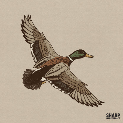 Detailed retro illustration of a flying mallard duck for hunting shirt sublimation and outdoor apparel graphics
